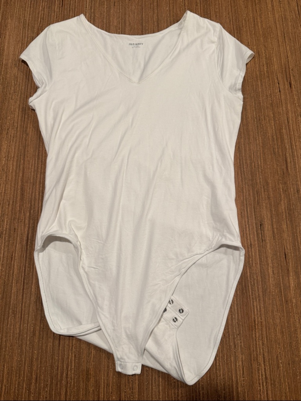 Old Navy White V-Neck Cap Sleeve Bodysuit with Snap Closure